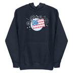 patchwork American flag in quilt fabrics on a pullover hoodie in navy, front view – Kate Spain design for Pat Sloan
