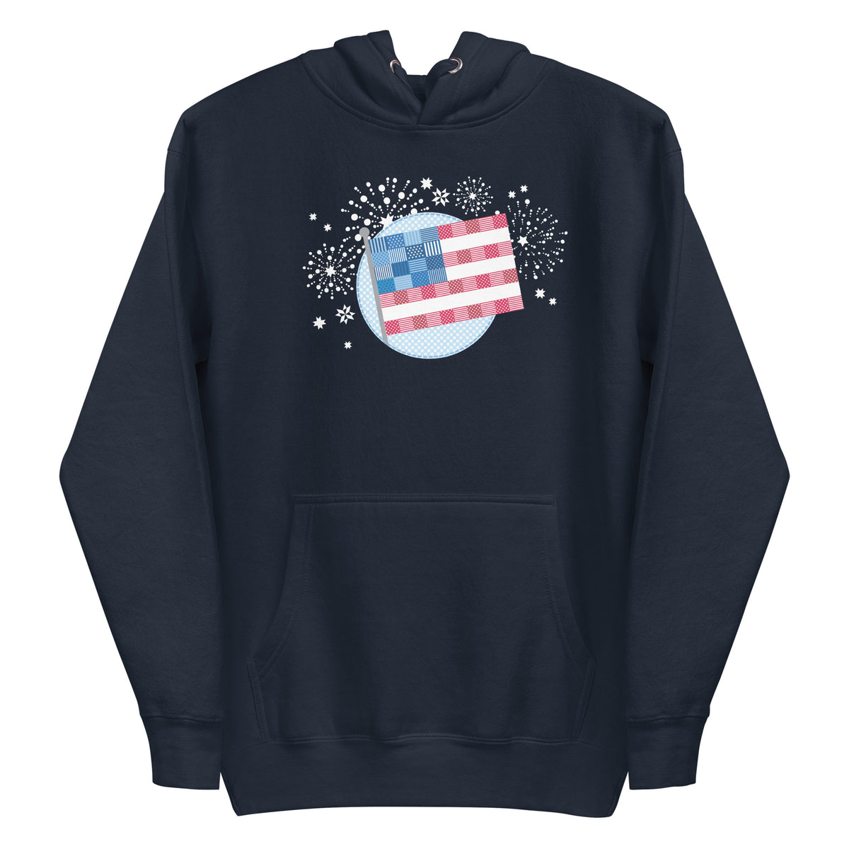 patchwork American flag in quilt fabrics on a pullover hoodie in navy, front view – Kate Spain design for Pat Sloan