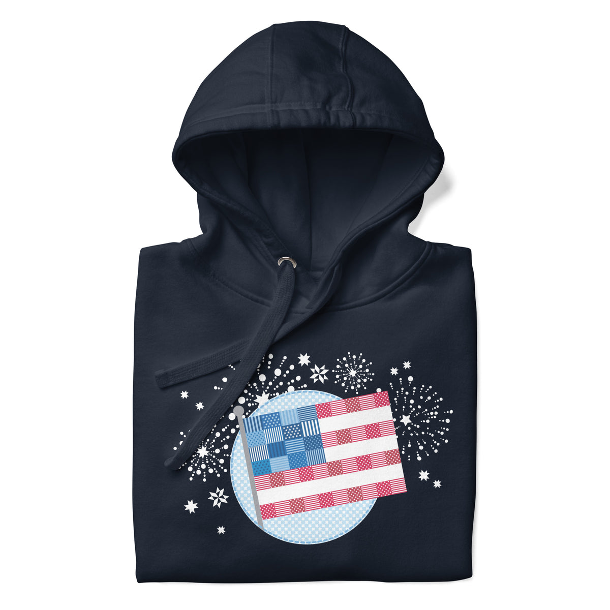 patchwork American flag in quilt fabrics on a pullover hoodie in navy, folded close-up of the design – Kate Spain design for Pat Sloan