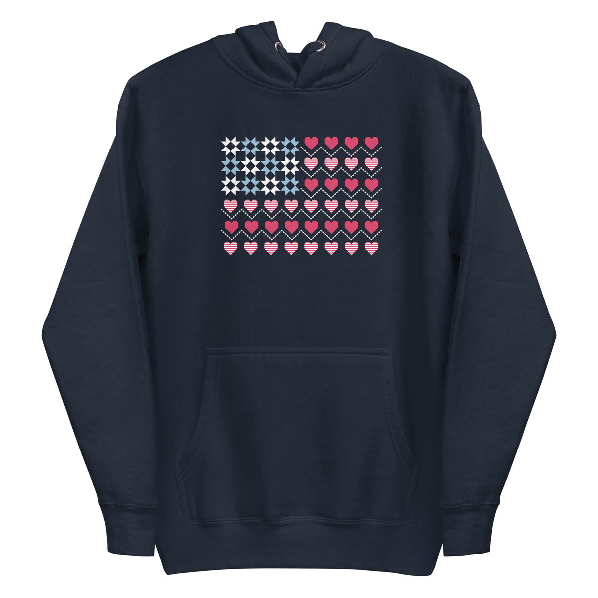 United We Quilt patchwork flag with quilt-block stars and heart stripes on a pullover hoodie in navy, front view – Kate Spain design for Pat Sloan