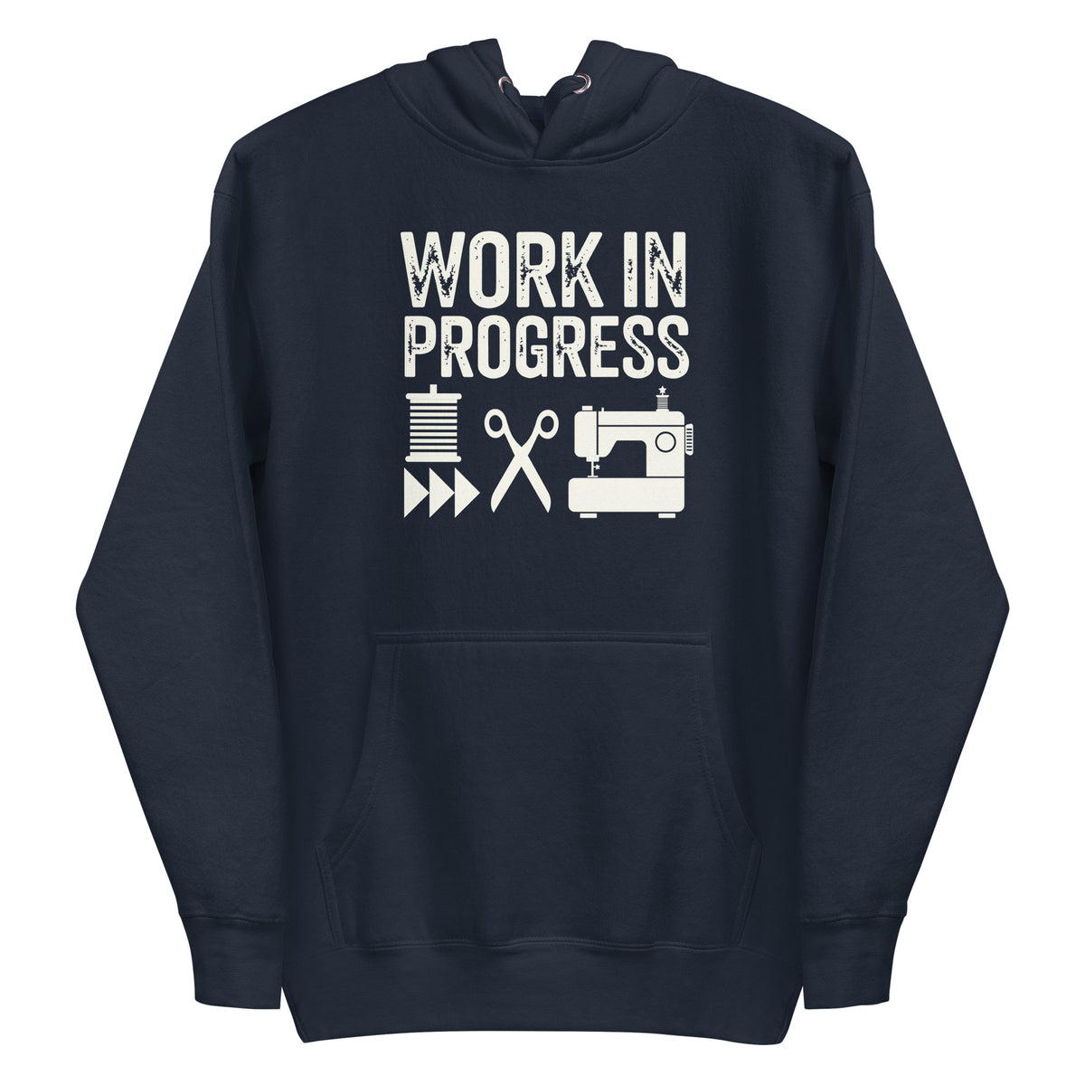 Work in Progress Mod distressed lettering with thread, scissors and sewing machine on a pullover hoodie in navy, front view – Kate Spain design for Pat Sloan