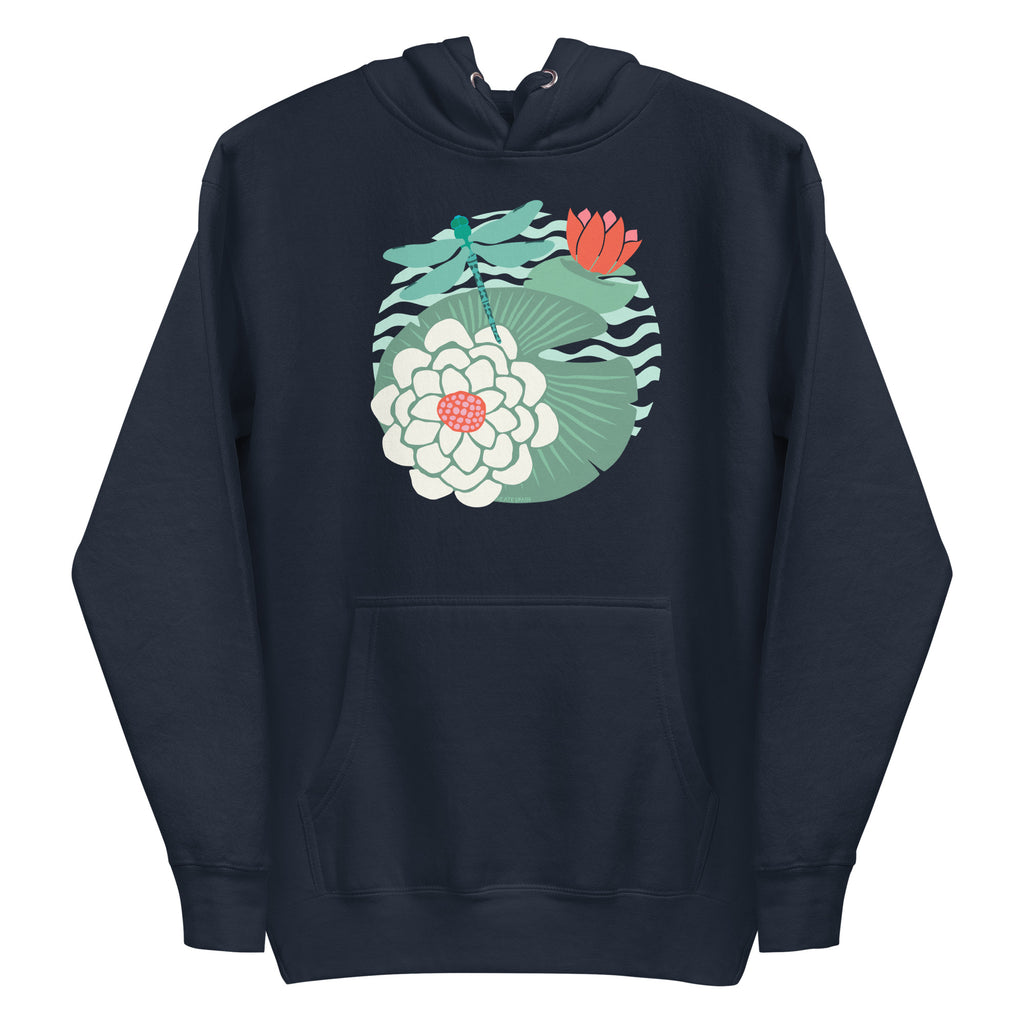 Dragonfly over water lilies and lily pads on a pullover hoodie in navy, front view – Kate Spain design