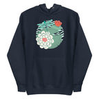 Dragonfly over water lilies and lily pads on a pullover hoodie in navy, front view – Kate Spain design
