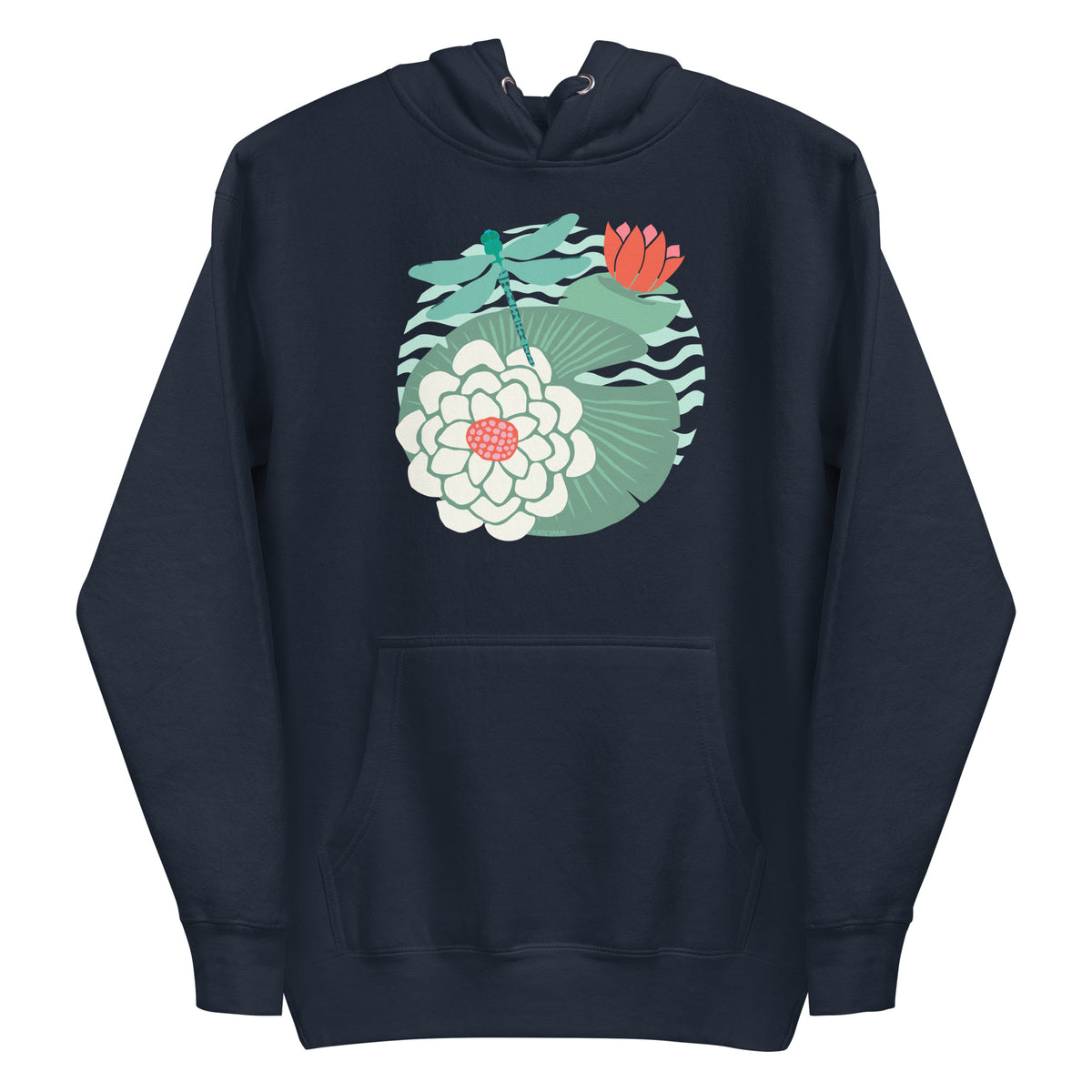 Dragonfly over water lilies and lily pads on a pullover hoodie in navy, front view – Kate Spain design