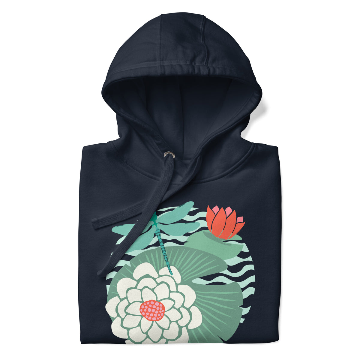 Dragonfly over water lilies and lily pads on a pullover hoodie in navy, folded close-up of the design – Kate Spain design