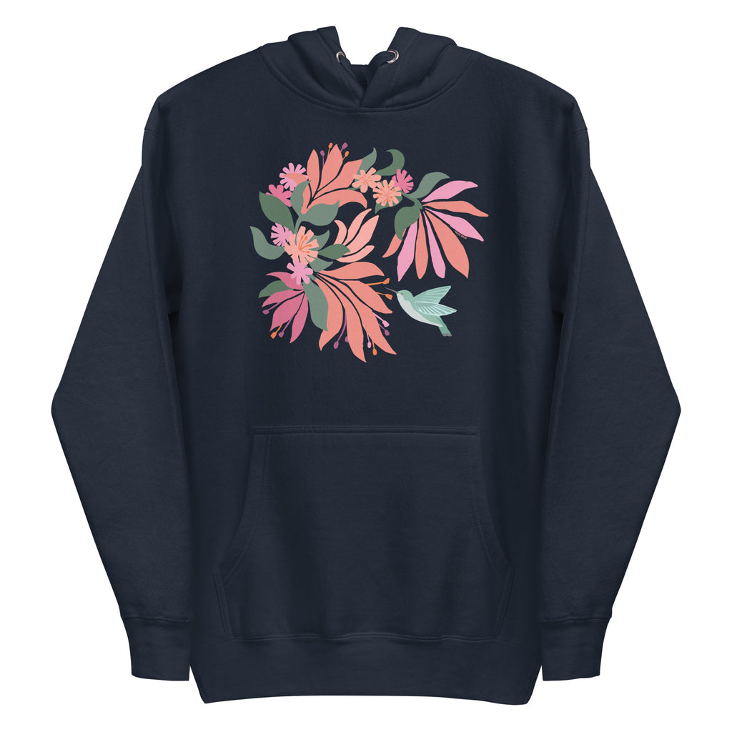Hummingbird among coral tropical flowers on a pullover hoodie in navy, front view – Kate Spain design
