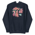 Hummingbird among coral tropical flowers on a pullover hoodie in navy, front view – Kate Spain design