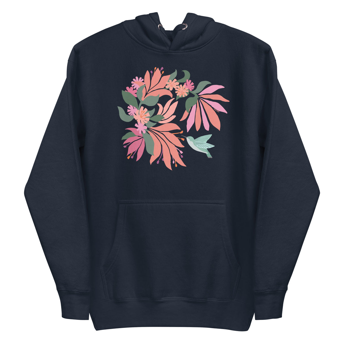 Hummingbird among coral tropical flowers on a pullover hoodie in navy, front view – Kate Spain design