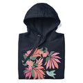 Hummingbird among coral tropical flowers on a pullover hoodie in navy, folded close-up of the design – Kate Spain design