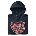 Be You floral heart of inspirational words on a premium hoodie in navy, folded close-up of the design – Kate Spain design