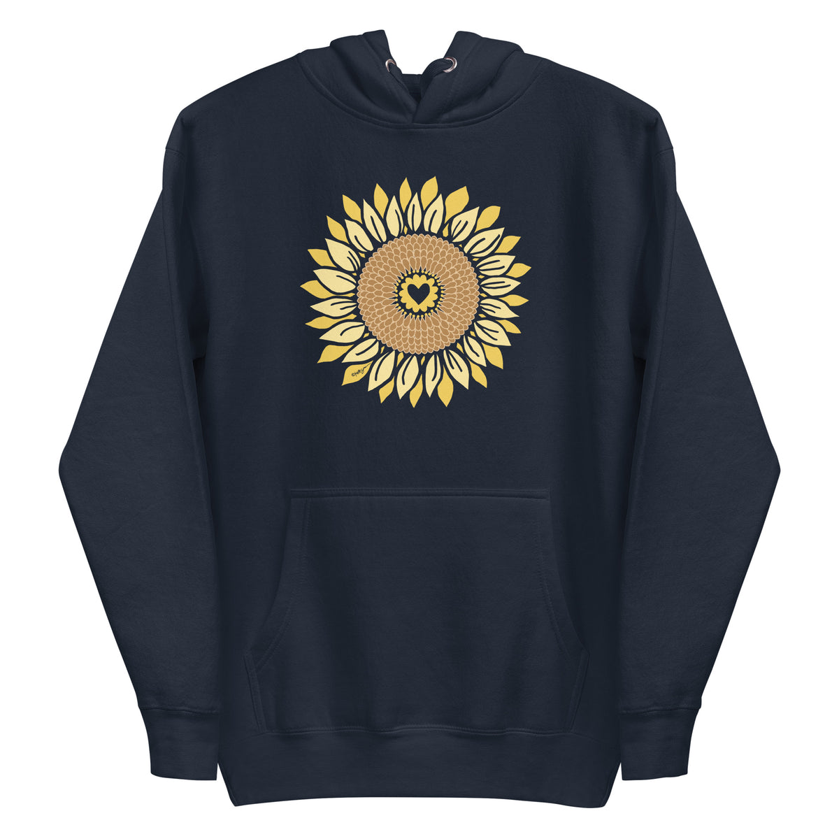 Golden sunflower with a heart center on a pullover hoodie in heather navy, front view – Sunflowers in My Heart by Kate Spain
