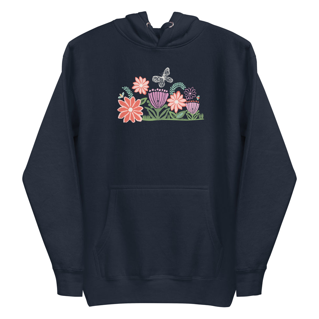 Bloom woodblock-style flowers with a butterfly, ladybug and bee on a pullover hoodie in navy, front view – Kate Spain design