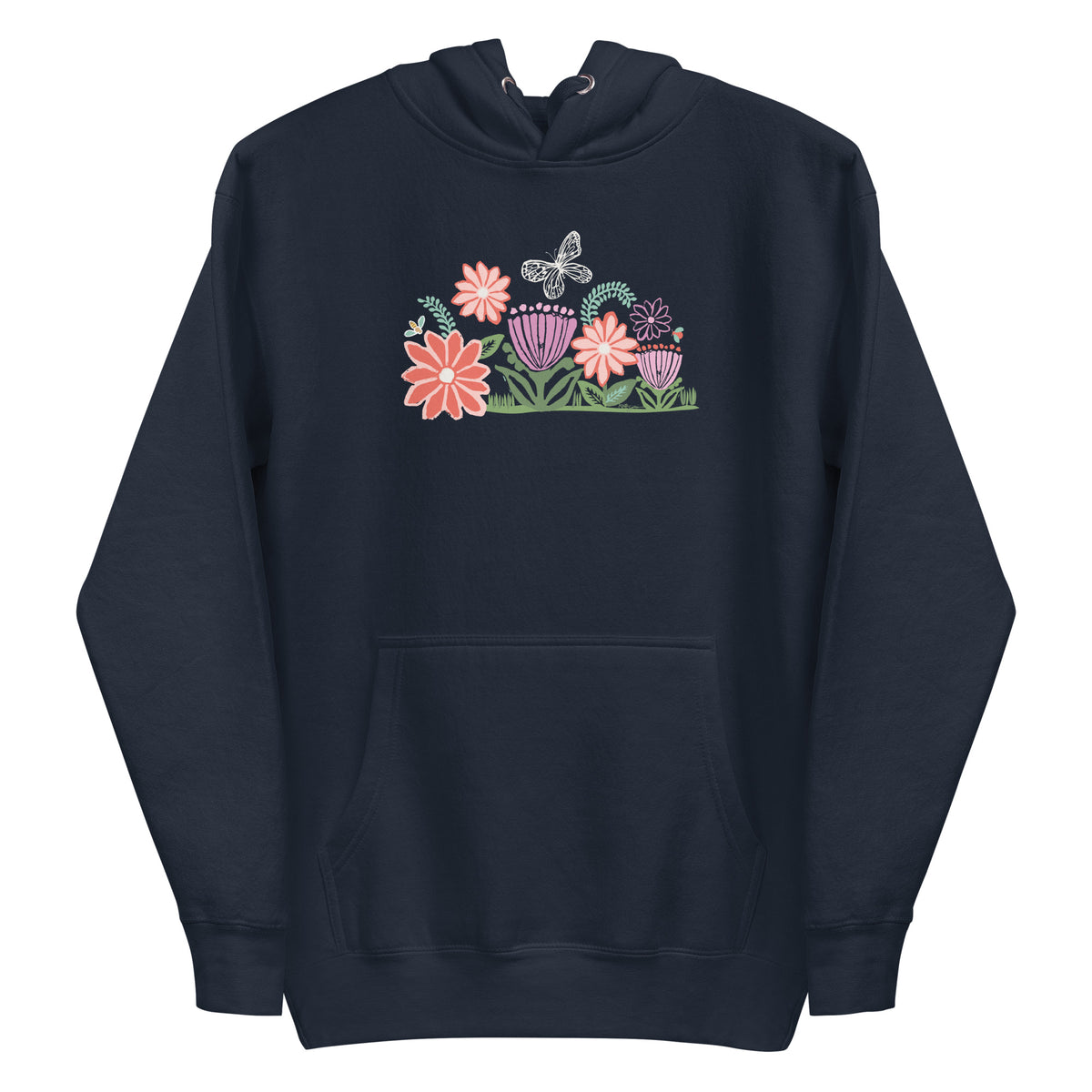 Bloom woodblock-style flowers with a butterfly, ladybug and bee on a pullover hoodie in navy, front view – Kate Spain design