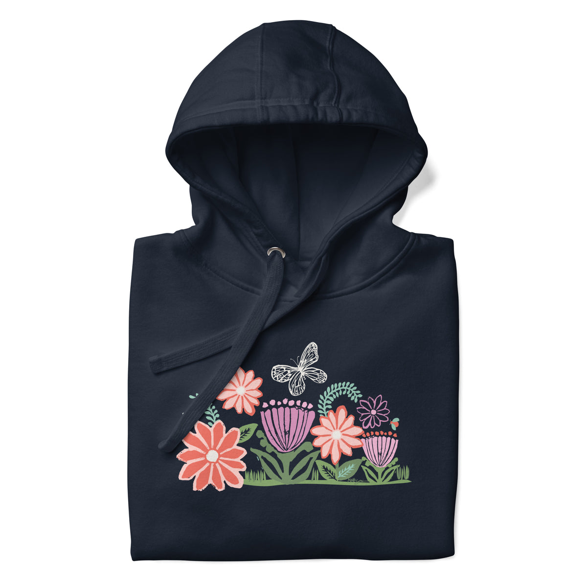 Bloom woodblock-style flowers with a butterfly, ladybug and bee on a pullover hoodie in navy, folded close-up of the design – Kate Spain design