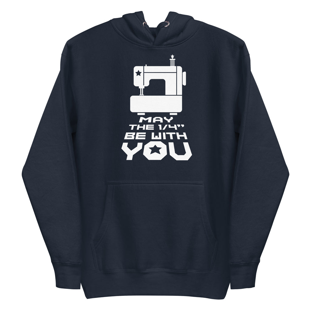 May the ¼" Be With You bold lettering with a sewing machine on a pullover hoodie in navy, front view – Kate Spain design for Pat Sloan