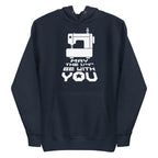 May the ¼" Be With You bold lettering with a sewing machine on a pullover hoodie in navy, front view – Kate Spain design for Pat Sloan