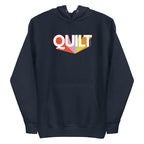 Moda QUILT logo with orange, pink, blue and yellow rays on a premium hoodie in navy, front view – Kate Spain design