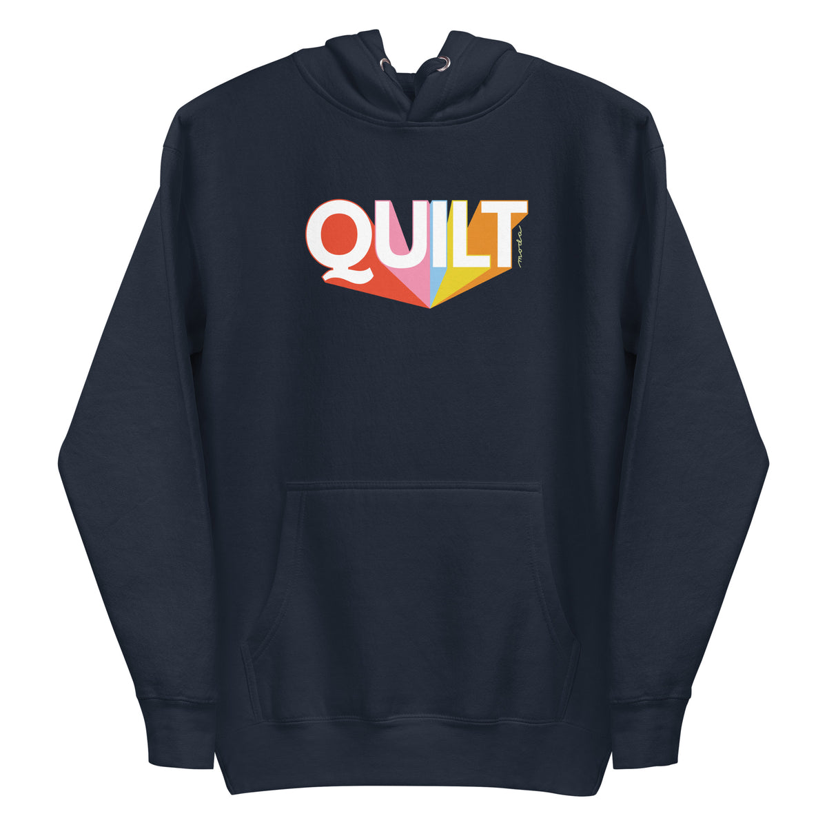 Moda QUILT logo with orange, pink, blue and yellow rays on a premium hoodie in navy, front view – Kate Spain design