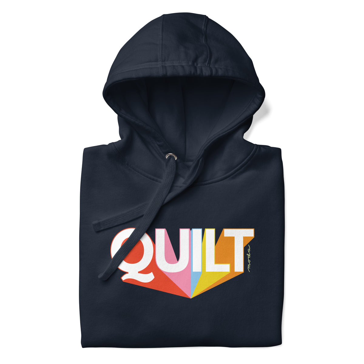 Moda QUILT logo with orange, pink, blue and yellow rays on a premium hoodie in navy, folded close-up of the design – Kate Spain design