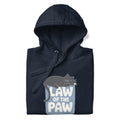 Law of the Paw® design with a cat napping on the logo on a pullover hoodie in navy, folded close-up of the design – Kate Spain design