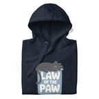 Law of the Paw® design with a cat napping on the logo on a pullover hoodie in navy, folded close-up of the design – Kate Spain design