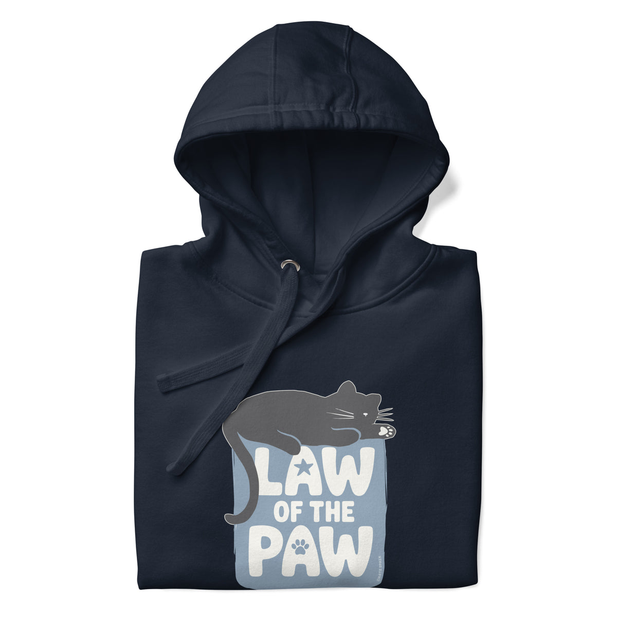 Law of the Paw® design with a cat napping on the logo on a pullover hoodie in navy, folded close-up of the design – Kate Spain design