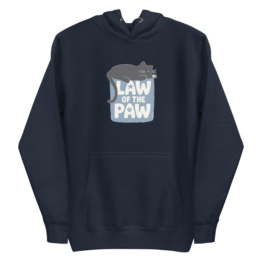 Law of the Paw® design with a cat napping on the logo on a pullover hoodie in navy, front view – Kate Spain design