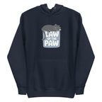 Law of the Paw® design with a cat napping on the logo on a pullover hoodie in navy, front view – Kate Spain design