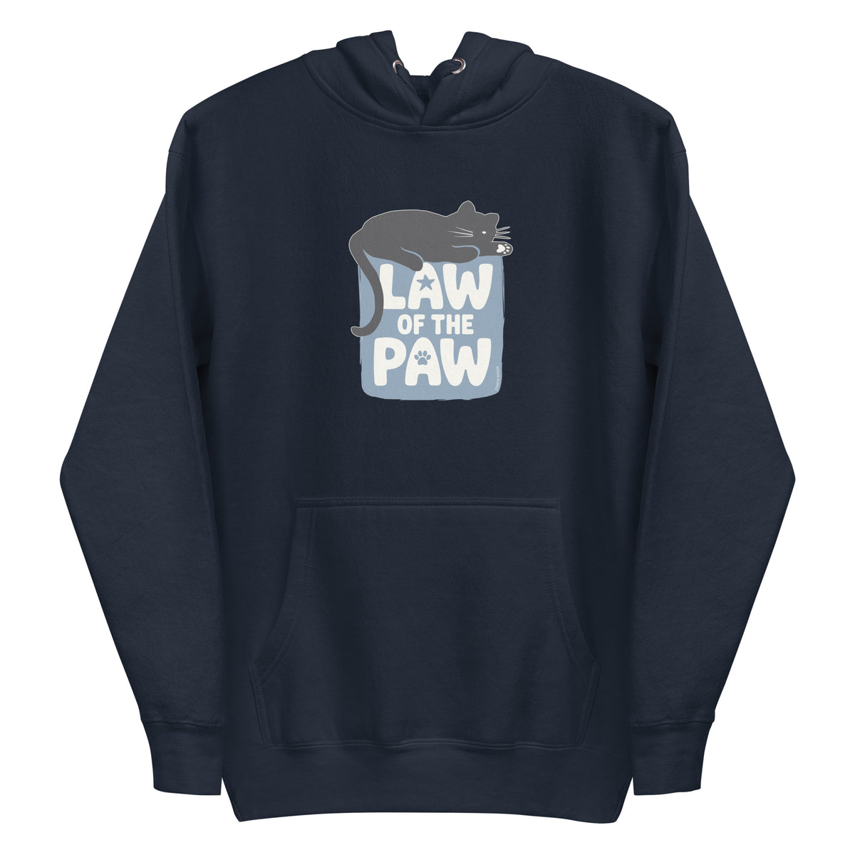 Law of the Paw® design with a cat napping on the logo on a pullover hoodie in navy, front view – Kate Spain design