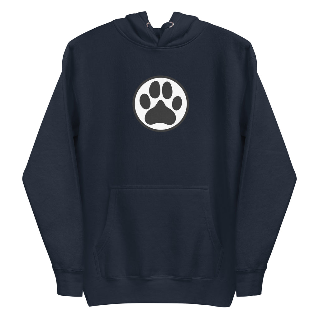 Law of the Paw® dog paw print on a pullover hoodie in navy, front view – Kate Spain design