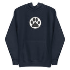 Law of the Paw® dog paw print on a pullover hoodie in navy, front view – Kate Spain design