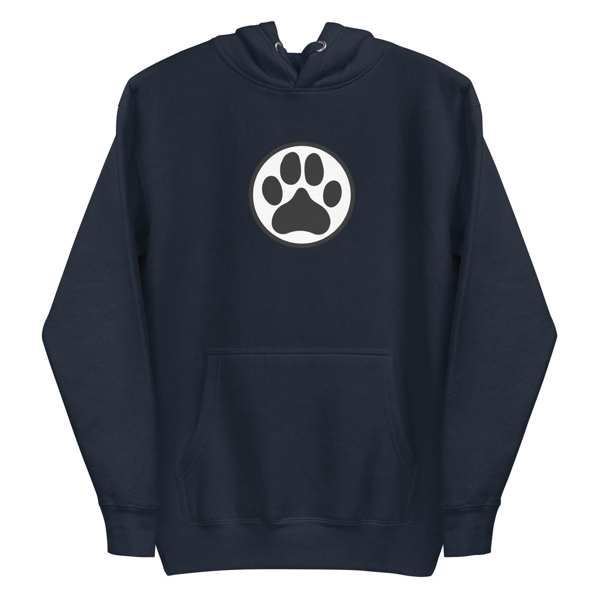 Law of the Paw® dog paw print on a pullover hoodie in navy, front view – Kate Spain design