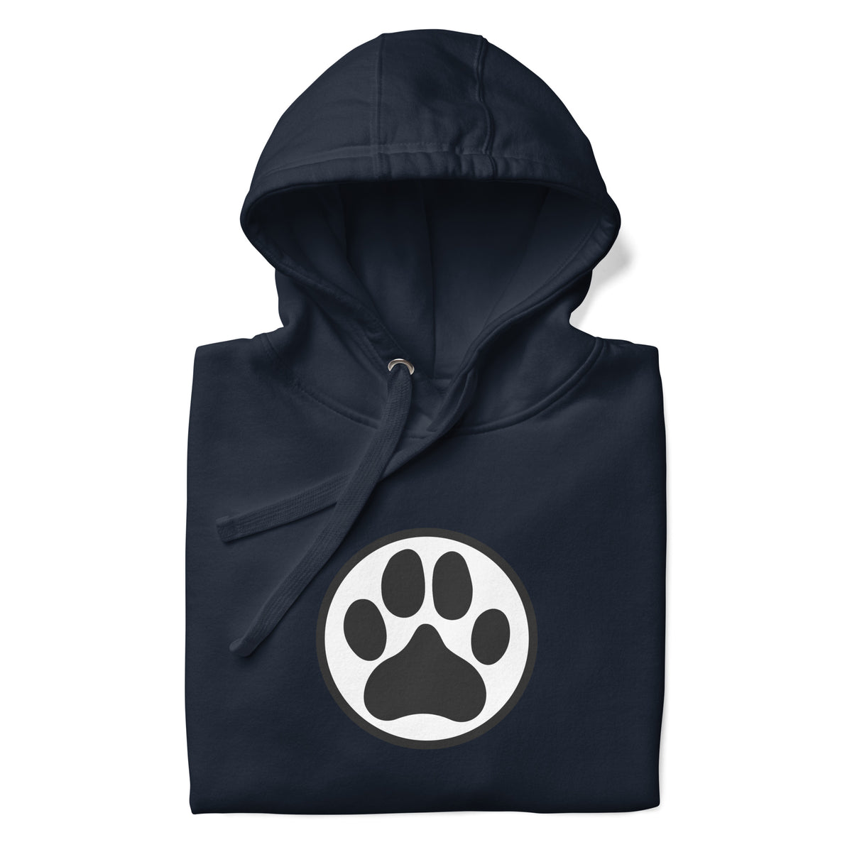 Law of the Paw® dog paw print on a pullover hoodie in navy, folded close-up of the design – Kate Spain design