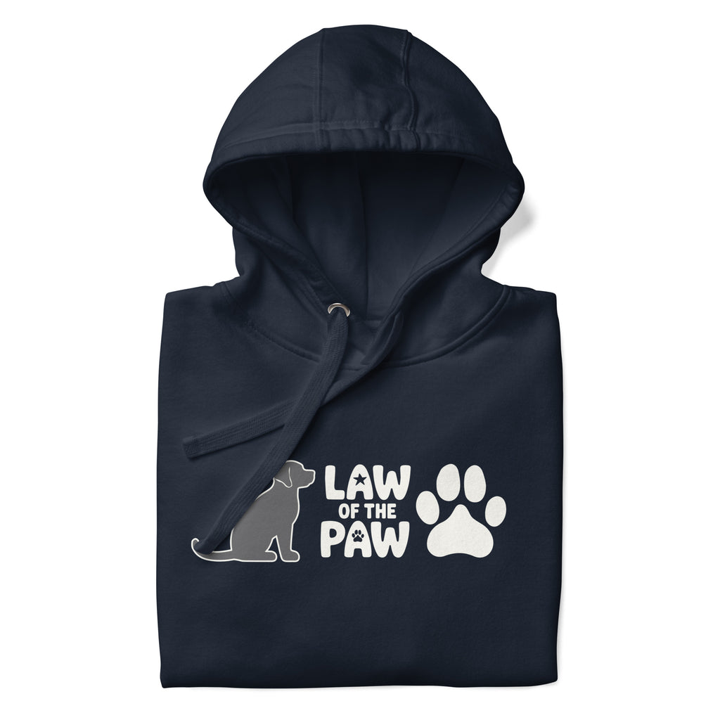 Law of the Paw® logo with seated dog and paw print on a pullover hoodie in navy, folded close-up of the design – Kate Spain design