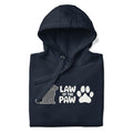 Law of the Paw® logo with seated dog and paw print on a pullover hoodie in navy, folded close-up of the design – Kate Spain design