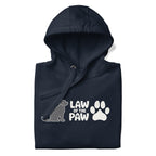 Law of the Paw® logo with seated dog and paw print on a pullover hoodie in navy, folded close-up of the design – Kate Spain design