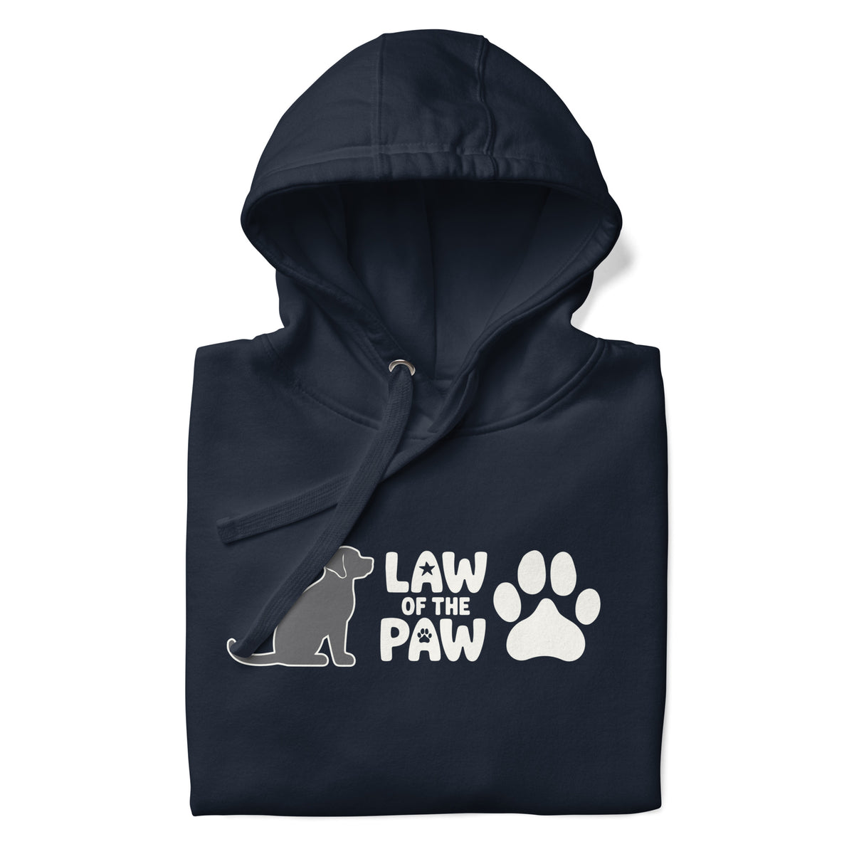Law of the Paw® logo with seated dog and paw print on a pullover hoodie in navy, folded close-up of the design – Kate Spain design