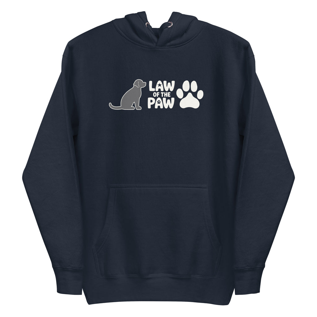 Law of the Paw® logo with seated dog and paw print on a pullover hoodie in navy, front view – Kate Spain design