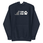 Law of the Paw® logo with seated dog and paw print on a pullover hoodie in navy, front view – Kate Spain design