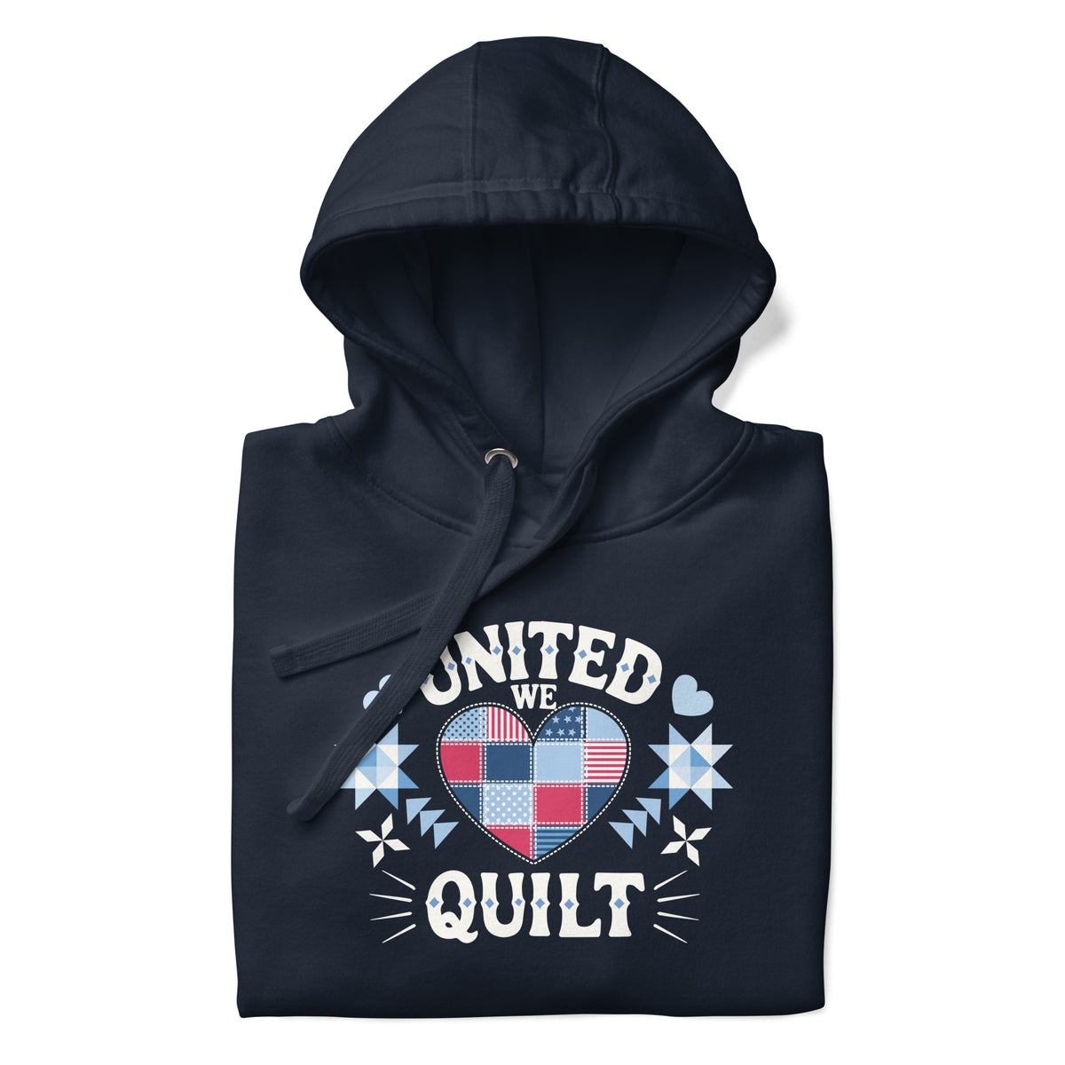 United We Quilt patchwork heart with quilt stars on a premium hoodie in navy, folded close-up of the design – Kate Spain design for Pat Sloan