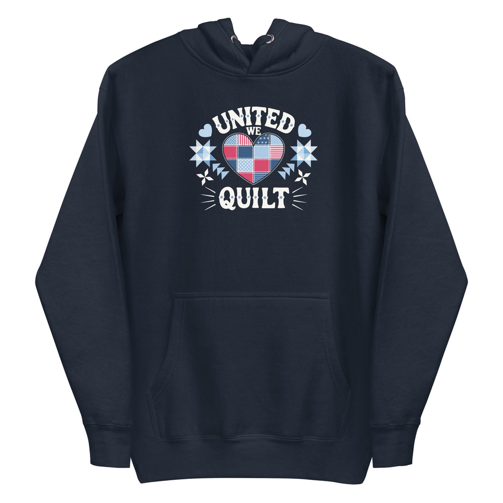 United We Quilt patchwork heart with quilt stars on a premium hoodie in navy, front view – Kate Spain design for Pat Sloan