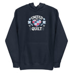 United We Quilt patchwork heart with quilt stars on a premium hoodie in navy, front view – Kate Spain design for Pat Sloan