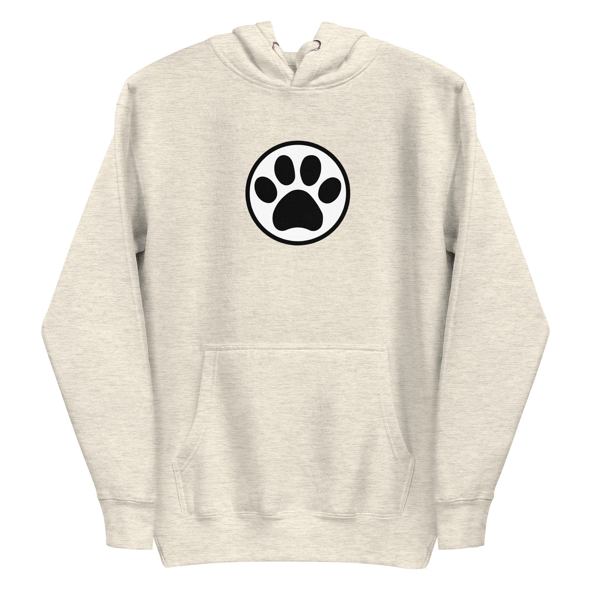 Law of the Paw® cat paw print on a pullover hoodie in natural heather, front view – Kate Spain design