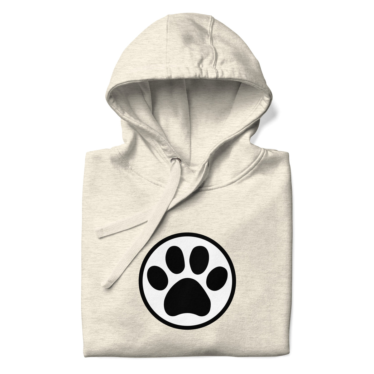 Law of the Paw® cat paw print on a pullover hoodie in natural heather, folded close-up of the design – Kate Spain design