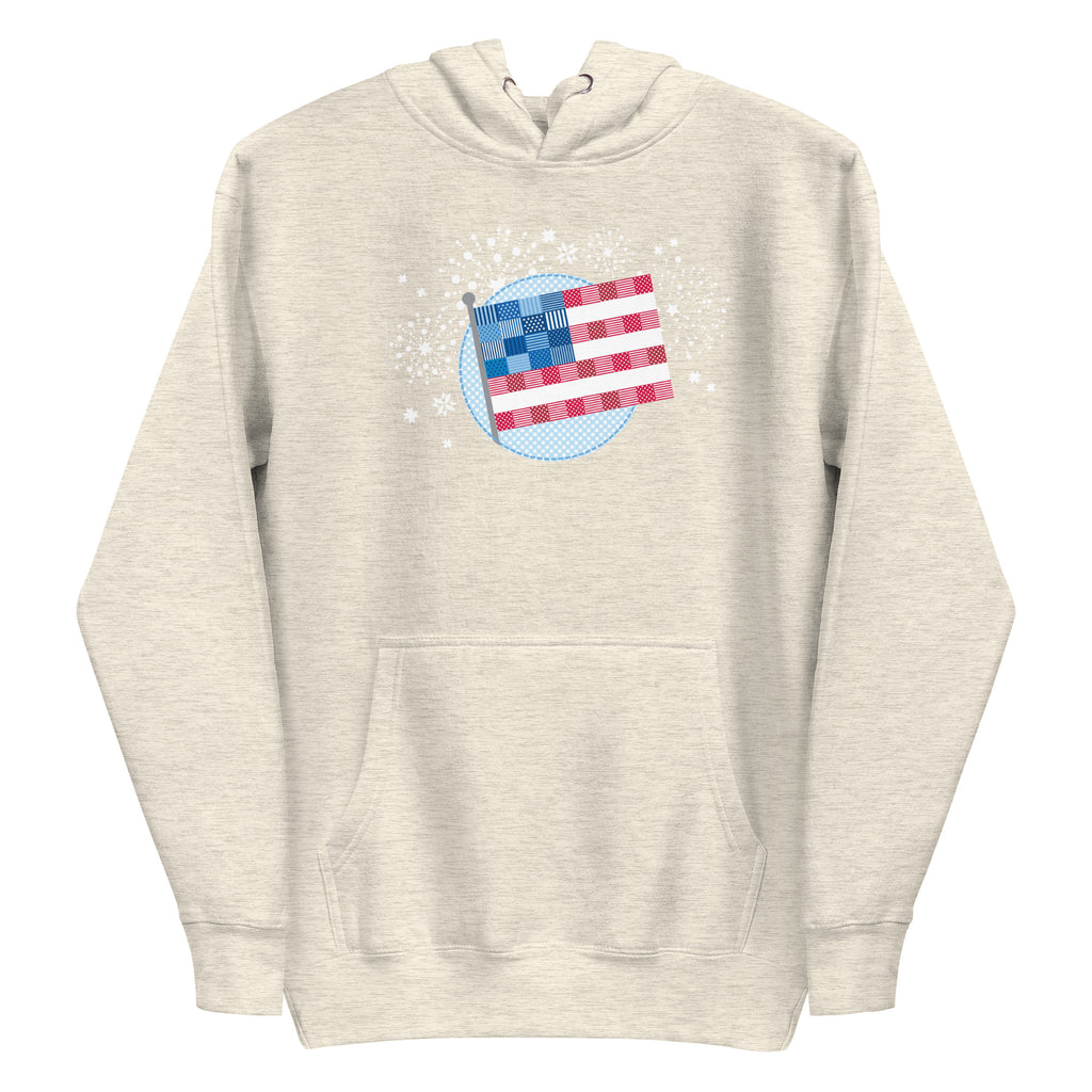 patchwork American flag in quilt fabrics on a pullover hoodie in natural heather, front view – Kate Spain design for Pat Sloan