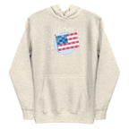 patchwork American flag in quilt fabrics on a pullover hoodie in natural heather, front view – Kate Spain design for Pat Sloan