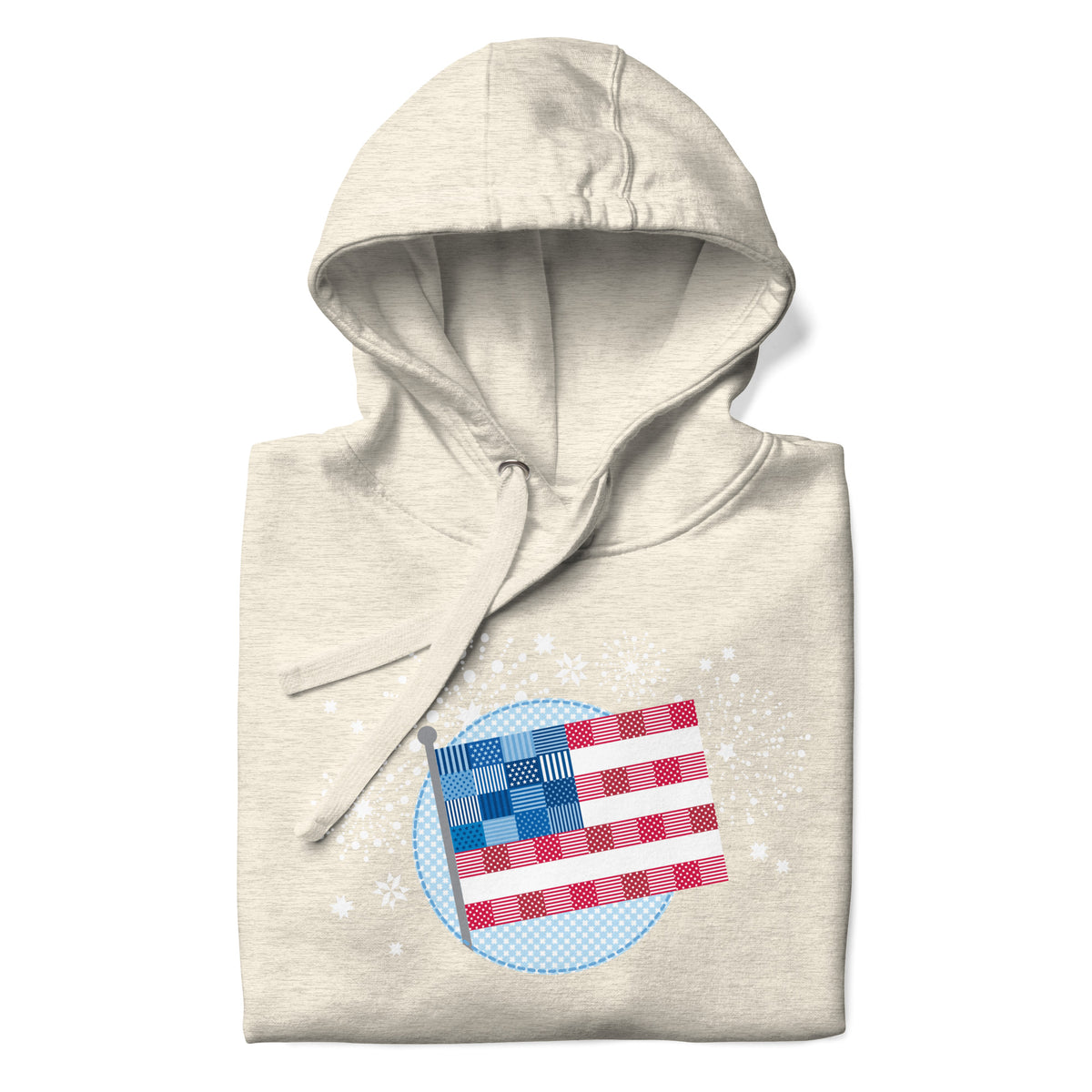 patchwork American flag in quilt fabrics on a pullover hoodie in natural heather, folded close-up of the design – Kate Spain design for Pat Sloan