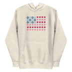 United We Quilt patchwork flag with quilt-block stars and heart stripes on a pullover hoodie in natural heather, front view – Kate Spain design for Pat Sloan