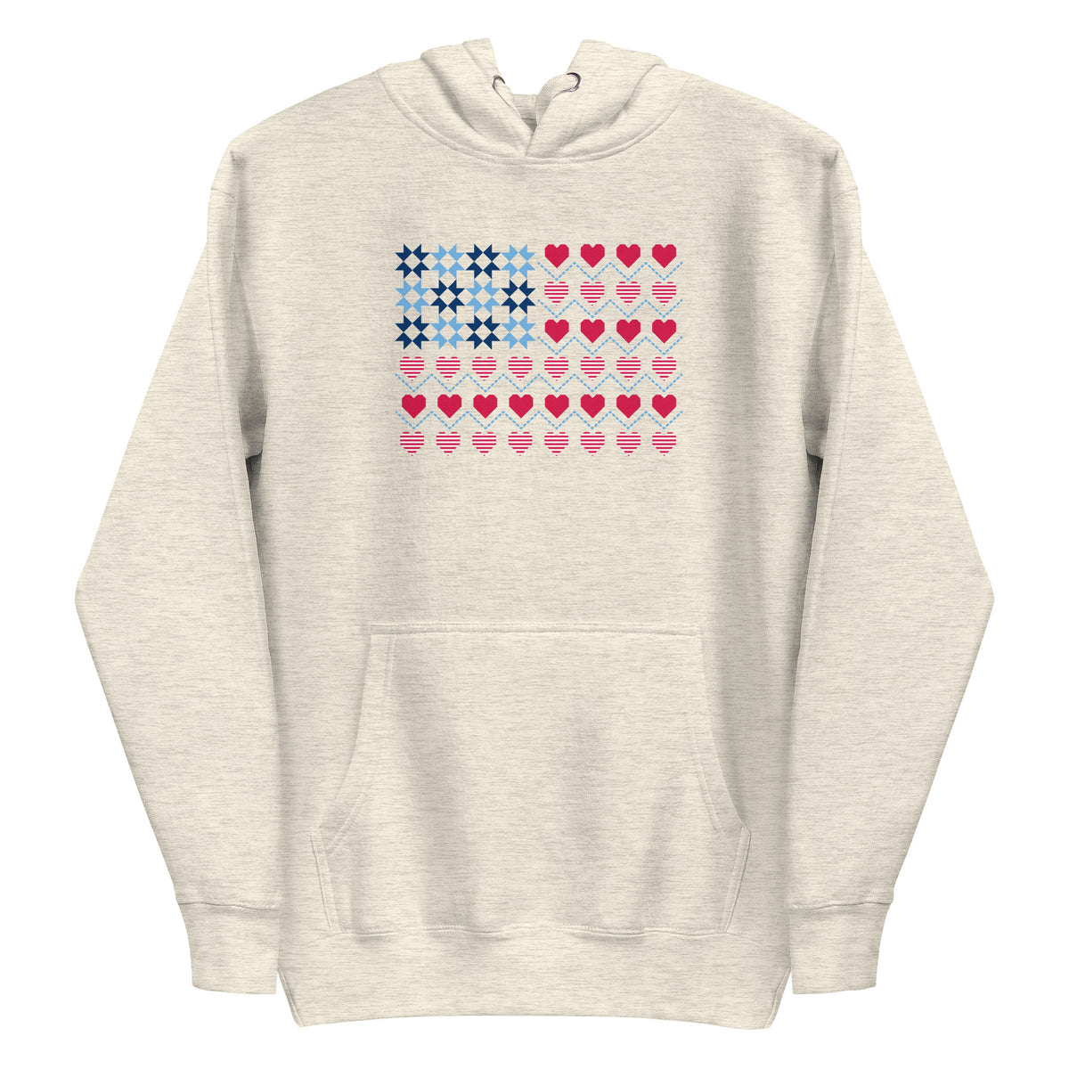 United We Quilt patchwork flag with quilt-block stars and heart stripes on a pullover hoodie in natural heather, front view – Kate Spain design for Pat Sloan