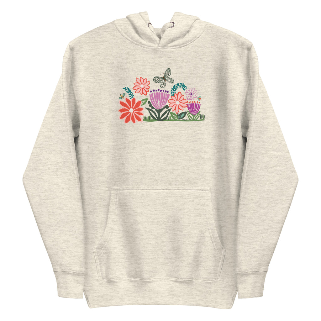 Bloom woodblock-style flowers with a butterfly, ladybug and bee on a pullover hoodie in natural heather, front view – Kate Spain design
